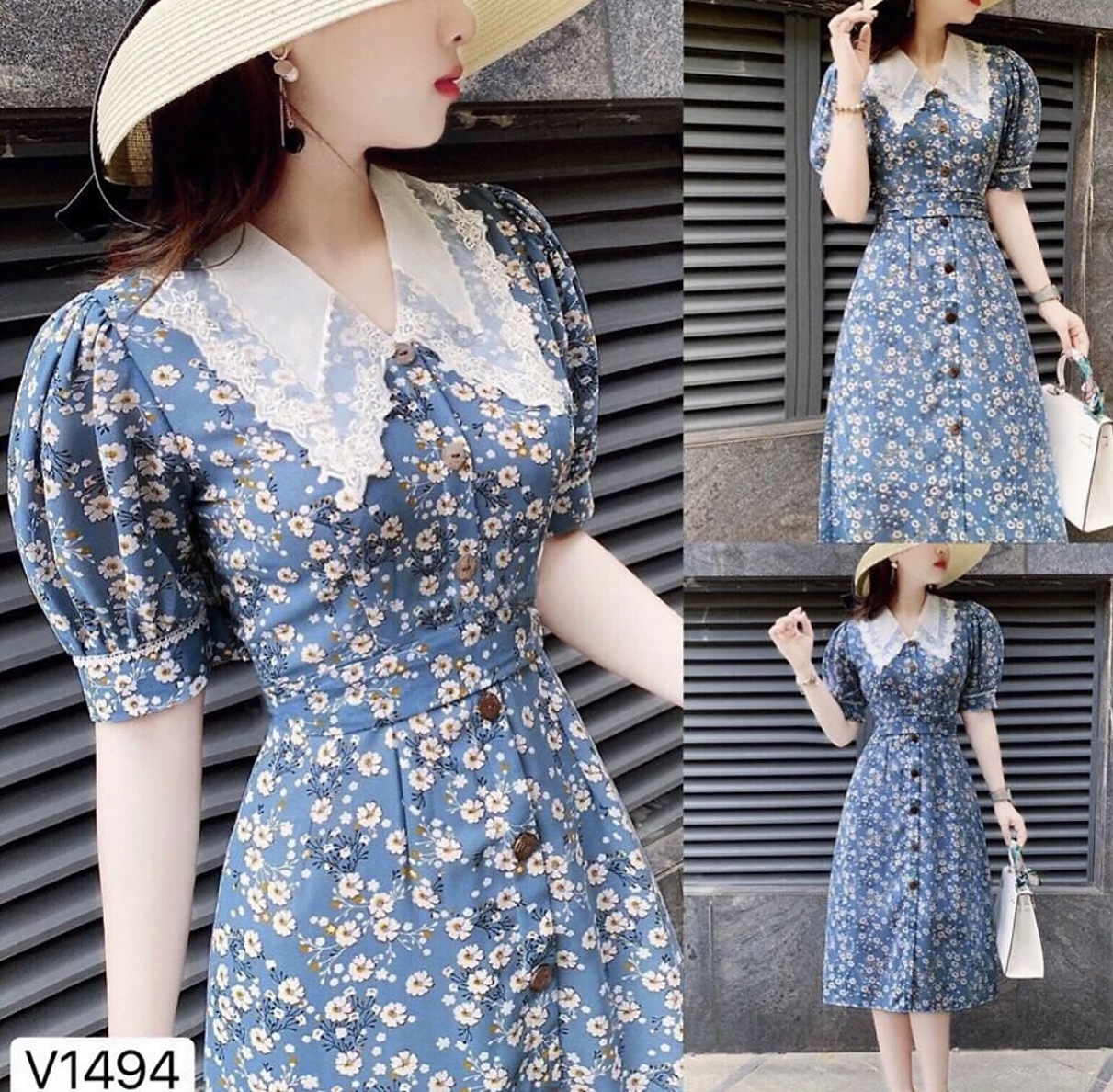 Đầm xanh hoa bi trắng phối cổ ren