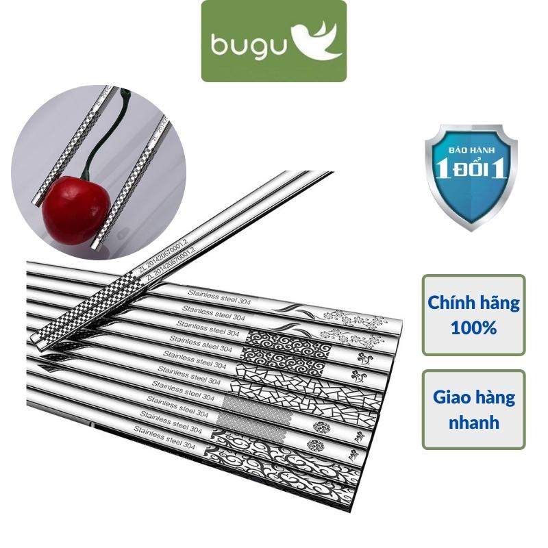 Đũa Inox 304 Kháng Khuẩn Không Trơn Trượt Hoa Văn Tinh Tế  BUGU SK-P02 - Hàng Chính Hãng