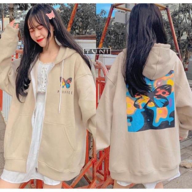 Áo khoác hoodie nỉ dây kéo form rộng BƯỚM Ulzzang