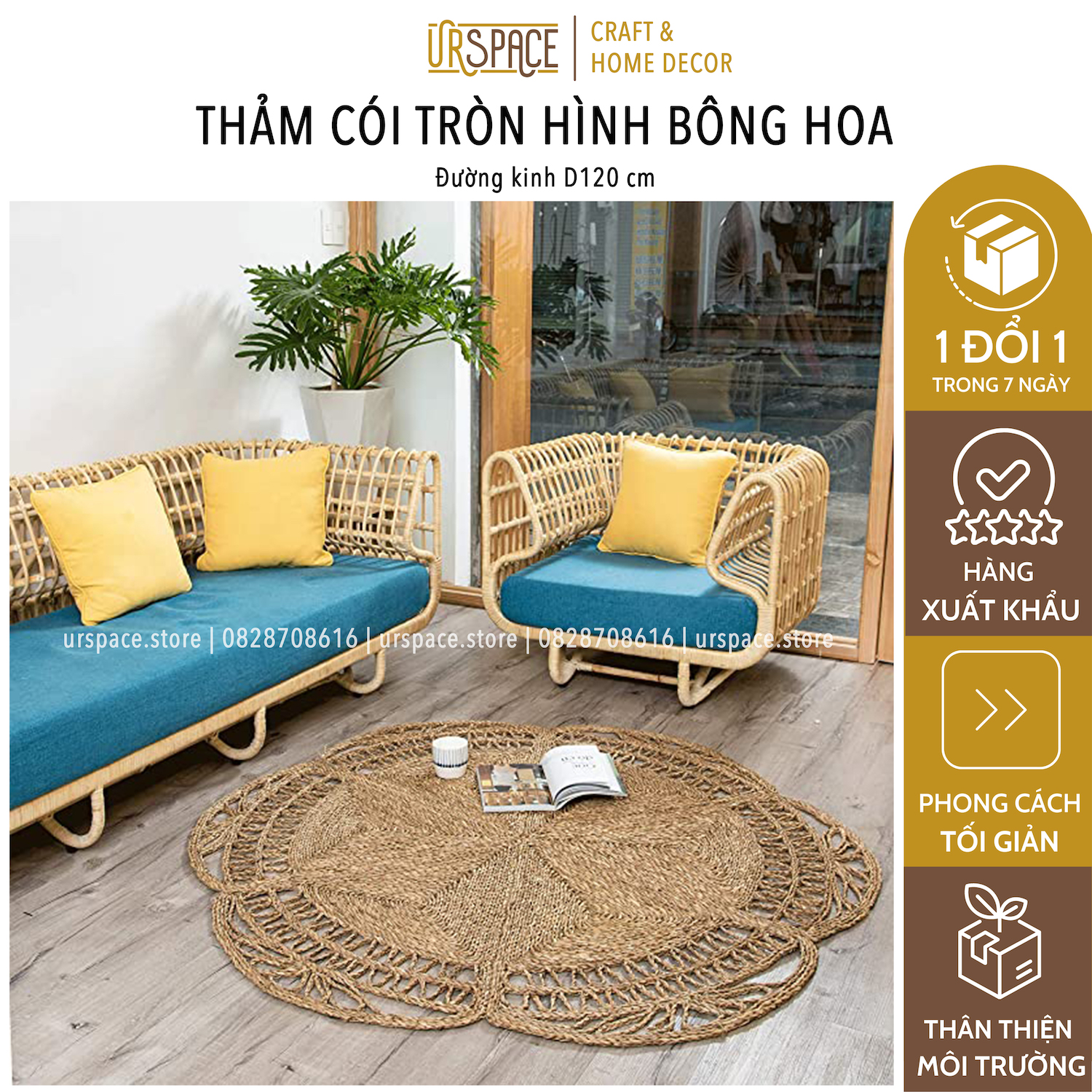 Thảm cói tròn trải sàn trang trí chụp ảnh đường kính 120 cm/ Hand-woven seagrass round rugs for living room