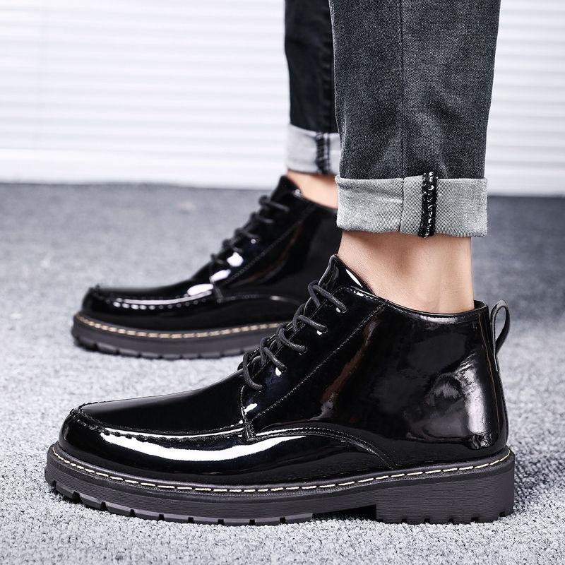 High-top leather shoes men's Korean version of high leather boots students Martin boots short boots winter men's shoes plus velvet cotton shoes - 599 black