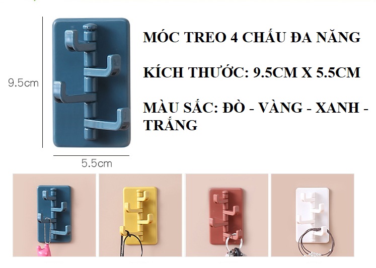 Móc Treo Đồ Dán Tường Đa Năng 4 Chấu Treo Chìa Khóa, Vật Dụng, Quần Áo Tiện Lợi