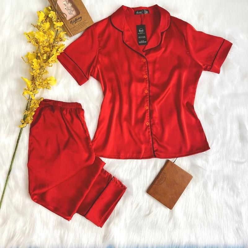 Đồ bộ pijama lụa, đồ mặc nhà nữ VILADY - B124 kiểu quần dài tay cộc họa tiết trơn, chất liệu lụa Pháp cao cấp - Màu đỏ