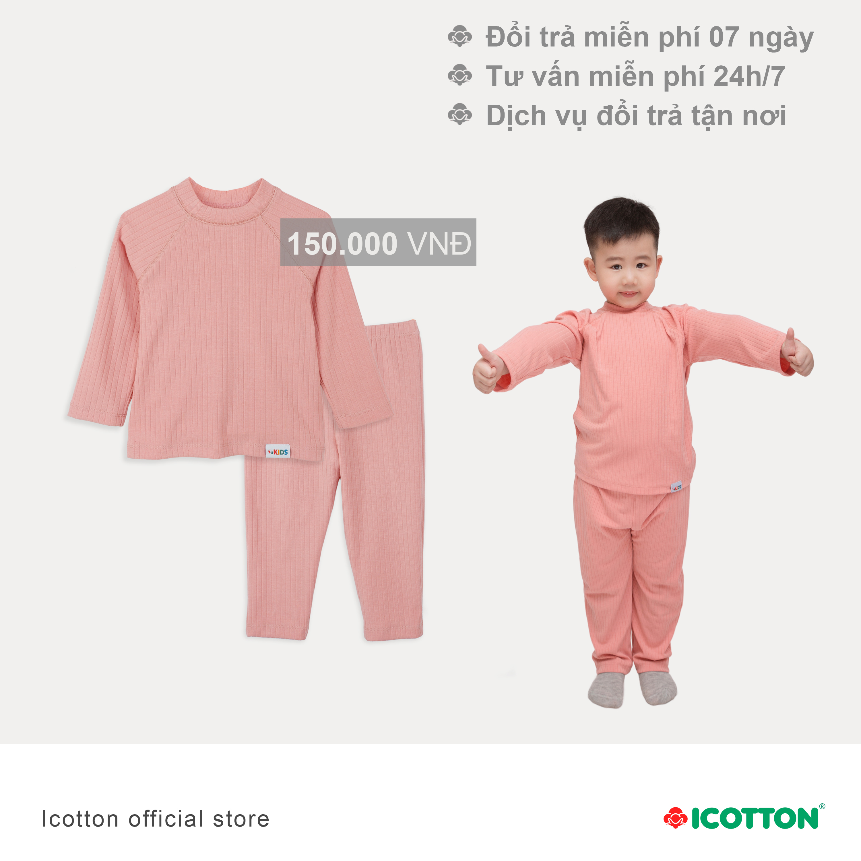 Bộ ngủ cotton cho bé từ 1 đến 10 tuổi màu Hồng