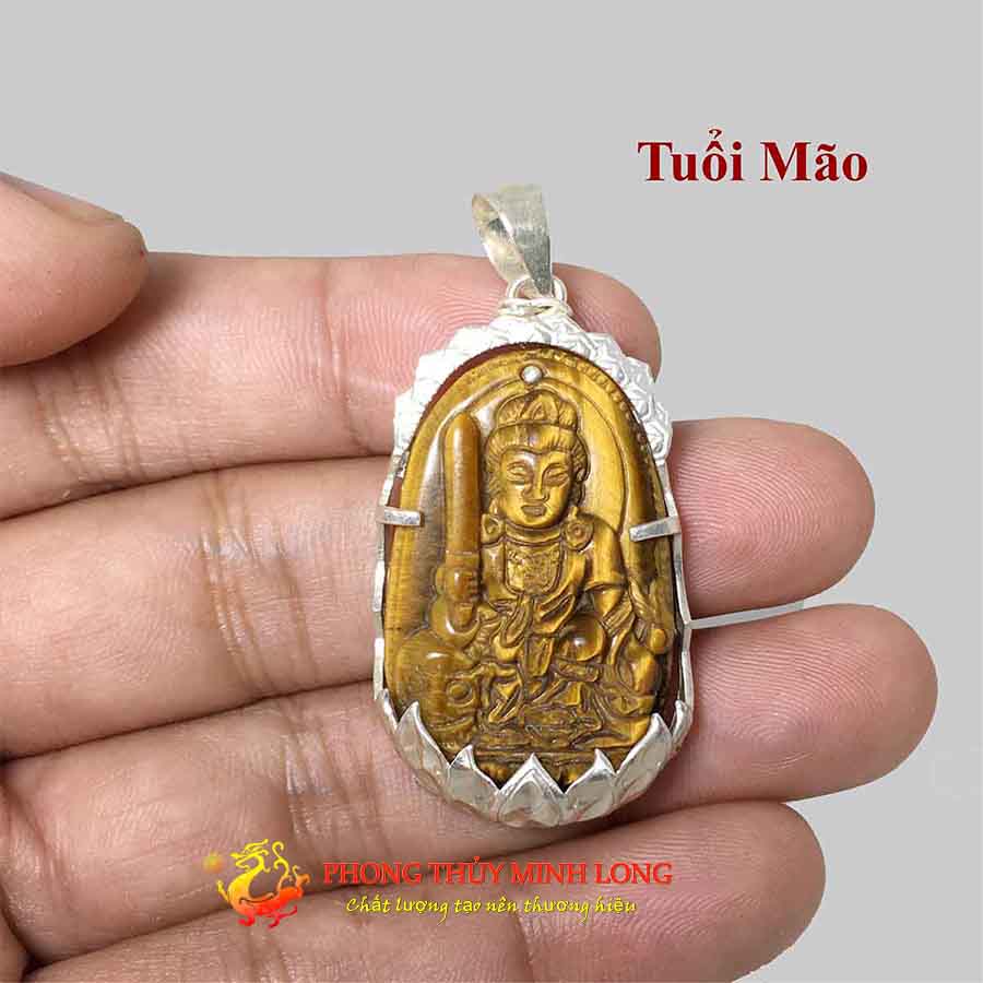 Mặt dây chuyền phật bản mệnh 12 con giáp đá Mắt Hổ Vàng Nâu bọc Bạc