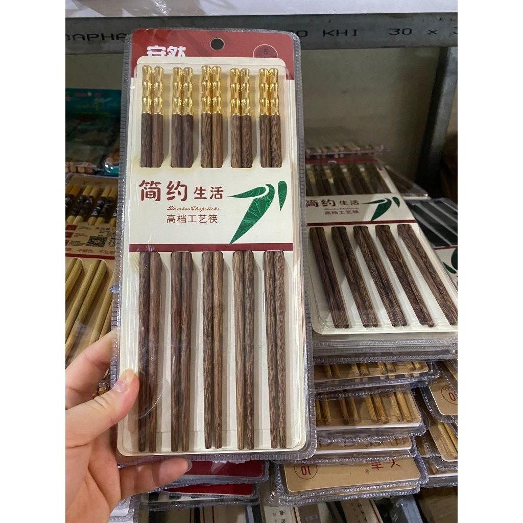 Bộ 5 đôi đũa gỗ nhập khẩu chất lượng cao, bọc mạ vàng dùng cho nhà hàng, gia đình