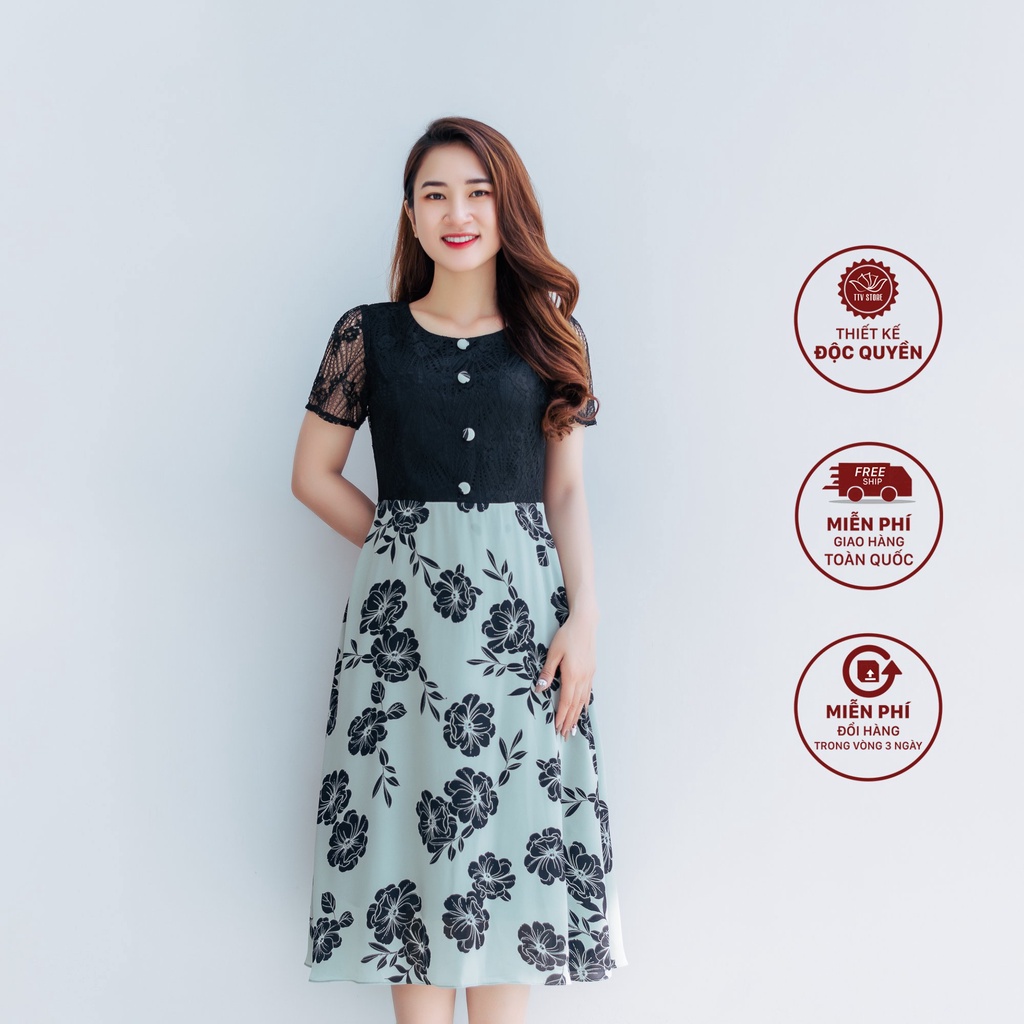 Đầm xoè thời trang trung niên TTV Store cổ tròn kết nút tay ngắn Xanh hoa đen TTV1175