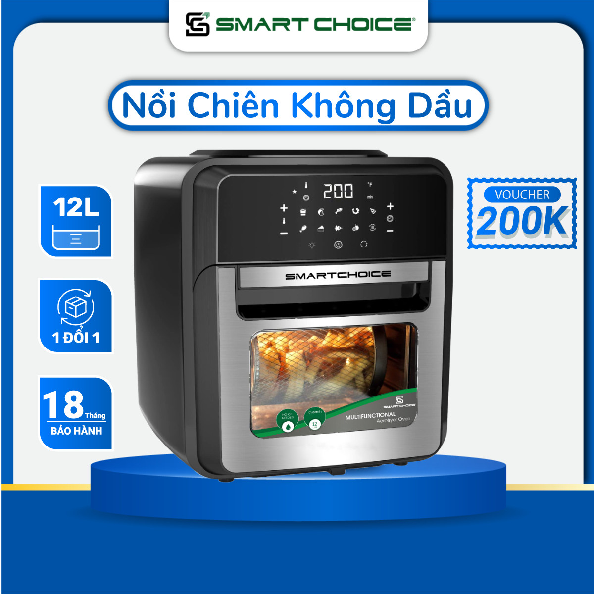 Nồi Chiên Không Dầu Điện Tử SMARTCHOICE 12L Cao Cấp - 10 Chế Độ Nấu , Lò Chiên Không Dầu Cảm Ứng, Đầy Đủ Phụ Kiện Đa Năng - Bảo Hành CHÍNH HÃNG 18 tháng