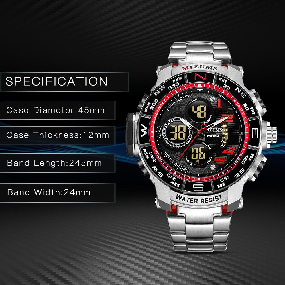 Đồng hồ Thời trang Vỏ hợp kim Dây đeo bằng thép không gỉ Led Thể thao thạch anh không thấm nước MIZUMS