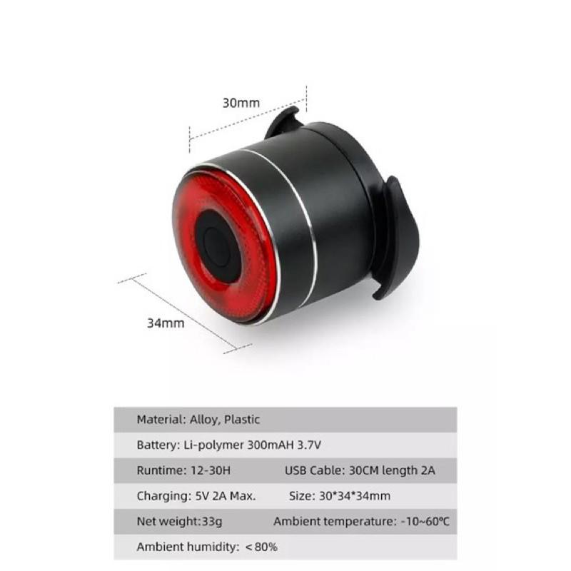 Đèn hậu xe đạp Q3 - Sạc USB - Chống nước IPX6 - Sáng liên tục 30h - Cảm biến phanh, dừng