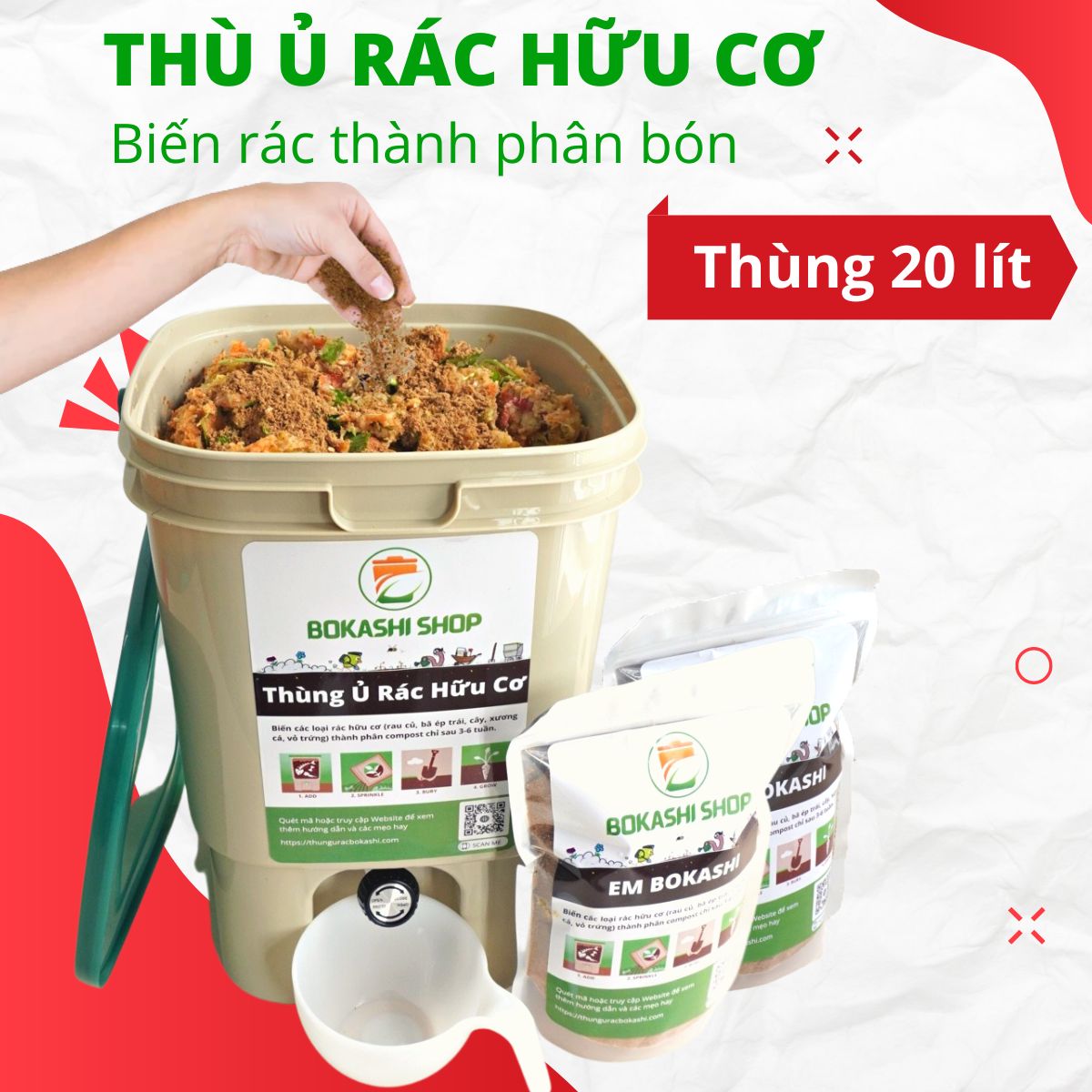 Thùng Ủ Rác Hữu Cơ EM Bokashi 20L - Thùng Dầy, Kín Mùi, Sạch Sẽ [Tặng Phụ Kiện + 2kg EM)