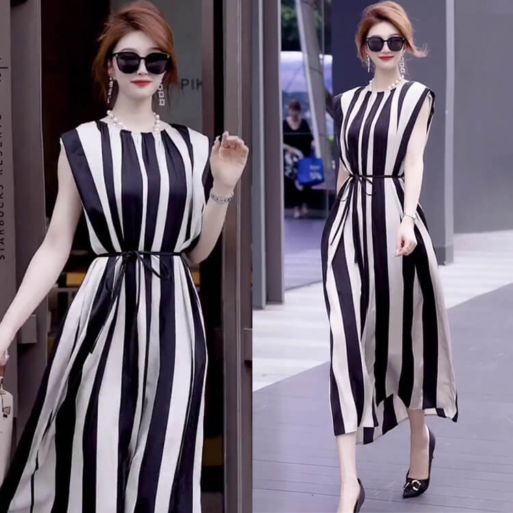 Đầm sọc lớn cột eo