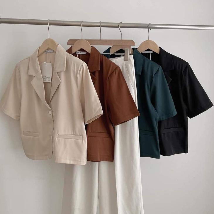 Áo Blazer Croptop Cộc Tay Độn Vai Trơn Chất Mát, Áo Khoác Vest Ngắn Tay Cơ Bản Nhiều Màu, Labibi