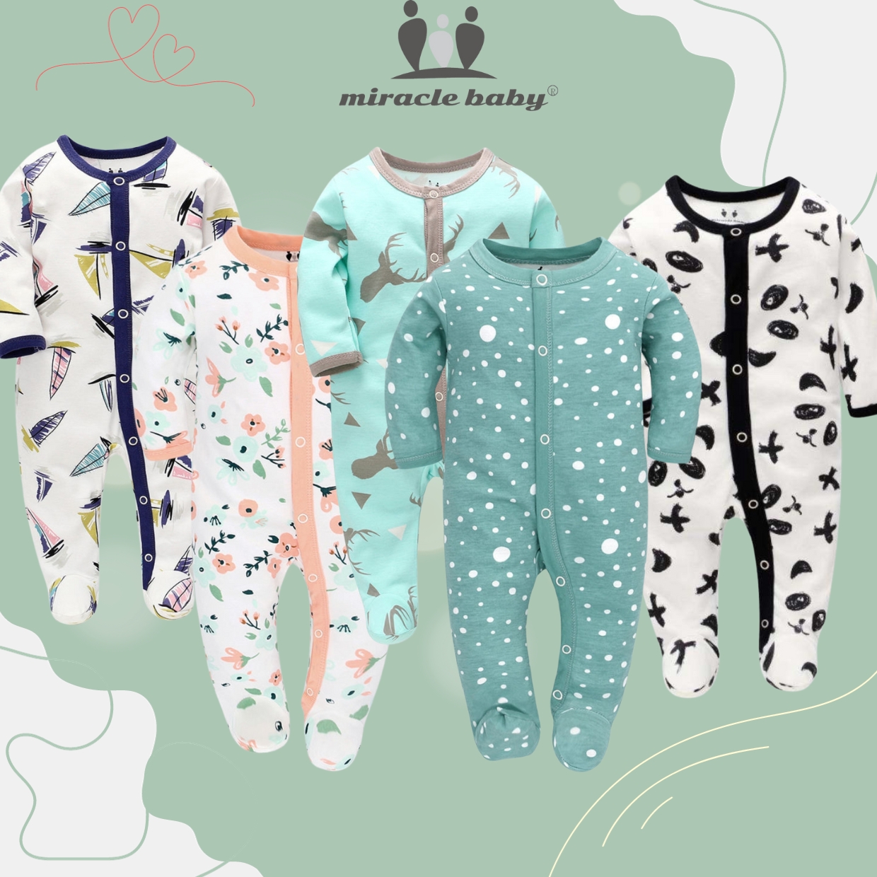 Jumpsuit/Bodysuit Tay Dài chất liệu 100% cotton Miraclebaby cho Bé Trai, Bé Gái (Từ 1-2 tháng, 2-4 tháng, 5-7 tháng)