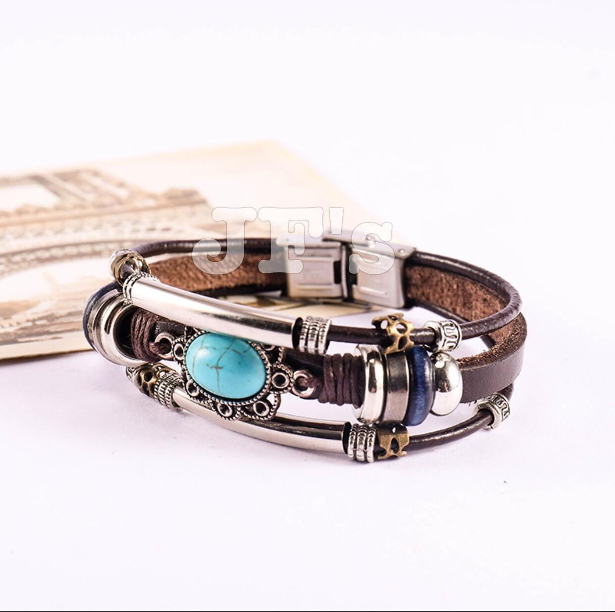 Vòng tay da khoá thép ko gỉ, vòng tay phong cách bohemian unisex