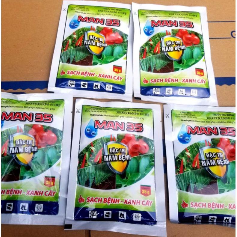 Chế phẩm xử lý nấm bệnh hại cây trồng Man35, Mancozeb xanh. trừ đốm lá, vàng lá, rỉ sắt, sương mai