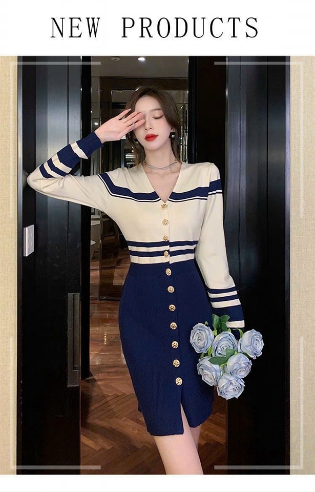 Đầm len body phối màu cổ tim kết hợp 1 hàng nút cá tính, sang trọng