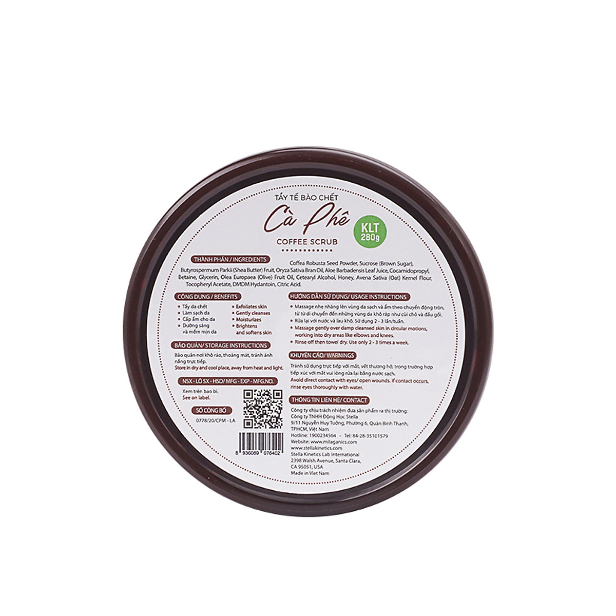 Scrub Tẩy Tế Bào Chết Cho Mặt &amp; Toàn Thân Từ Hạt Cà Phê Robusta &amp; Đường Nâu MILAGANICS 280gr (Hũ)