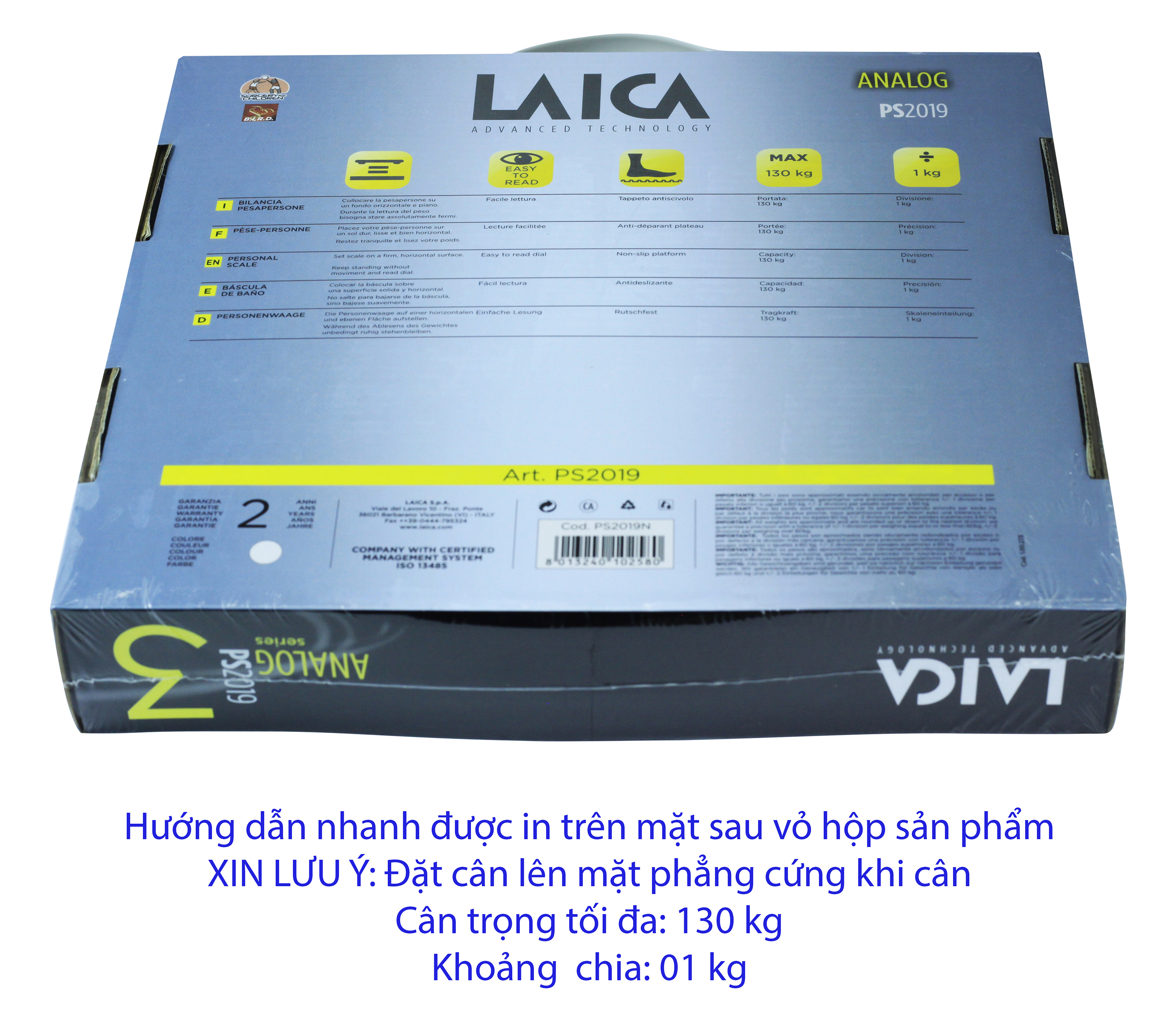 Cân Sức Khoẻ LAICA ITALY PS2018W - 130 Kg - Mặt Cân Phủ PVC Chống Trơn Trượt