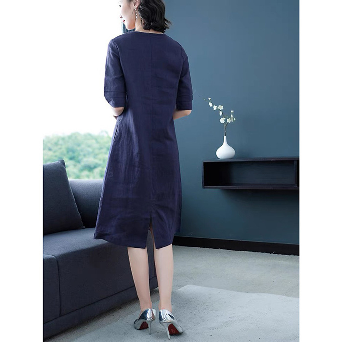 Đầm suông Linen bột Premium cổ tim chồng tay lỡ