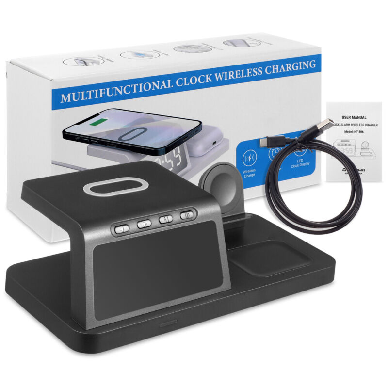 Trạm sạc không dây, đồng hồ để bàn 4in1 Wireless Charger Fast Charging Station