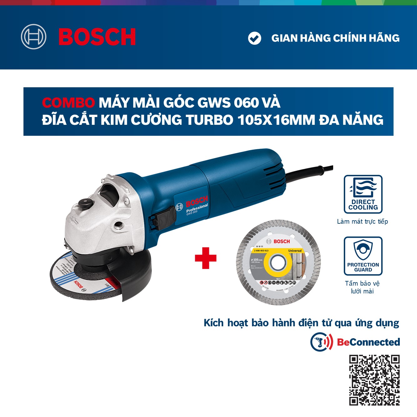 Combo Máy mài góc Bosch GWS 060 và Đĩa cắt kim cương Turbo 105x16mm đa năng