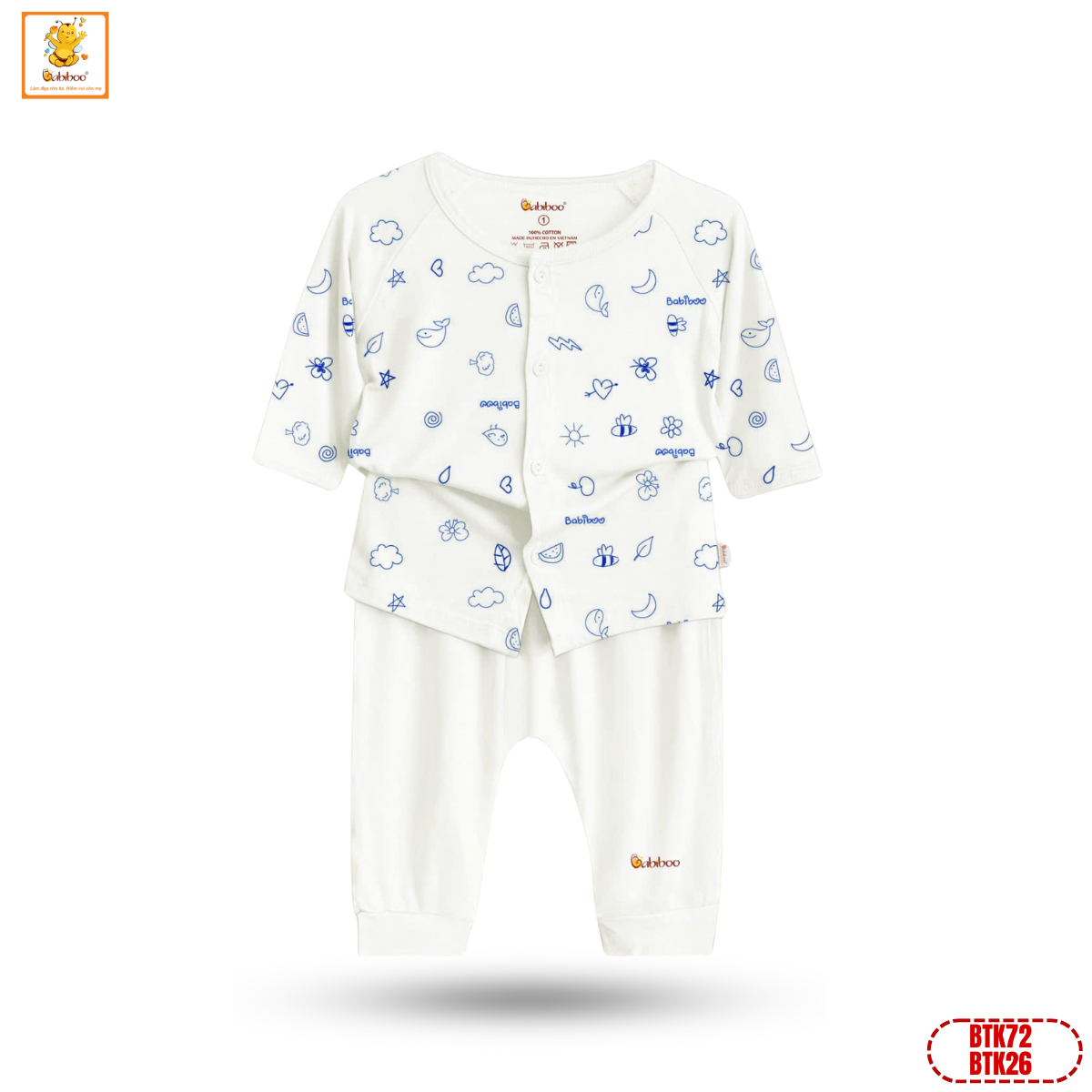 Bộ sơ sinh dài tay Babiboo quần áo tay dài cài giữa bé trai, bé gái chất viscose mềm mát BTK72+BTK26
