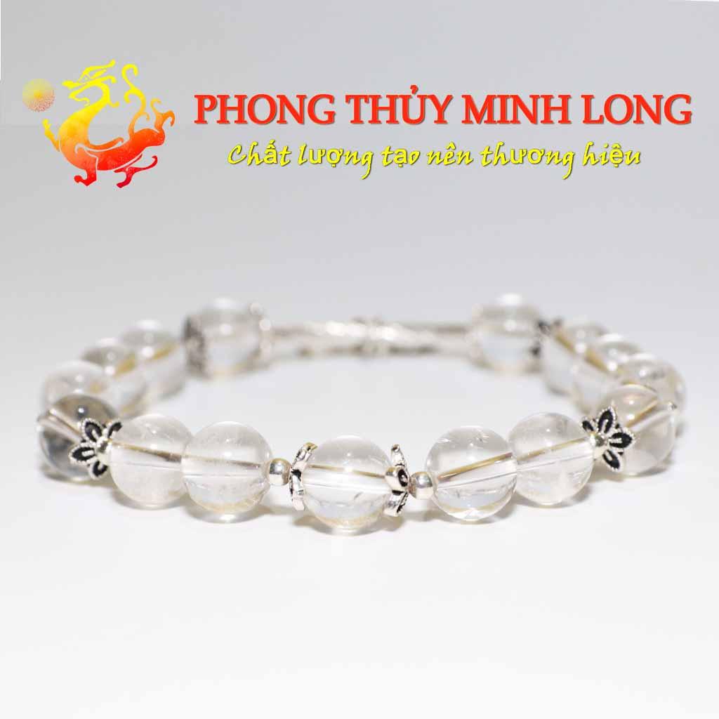 Vòng tay đá Thach Anh Trắng chất lượng 5A mix túi tiền lá bạch dương bạc nhỏ xinh hợp mệnh Thủy và Kim