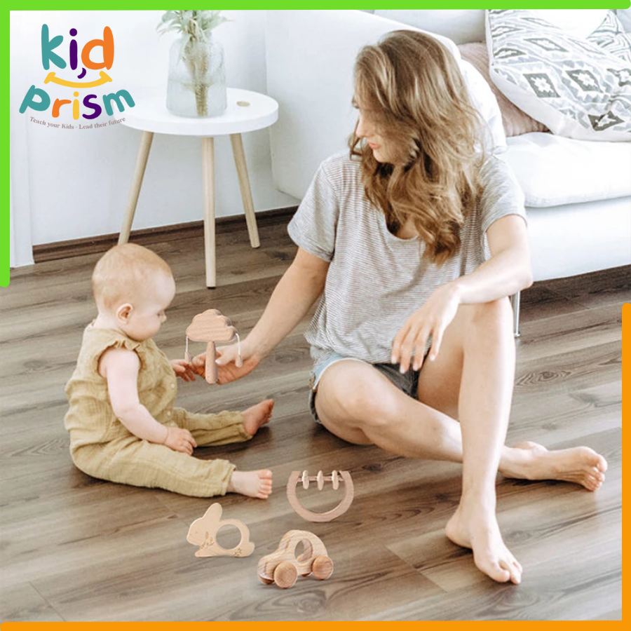 Bộ lục lạc, xúc xắc Montessori 4 món bằng gỗ an toàn cho trẻ sơ sinh (Giáo cụ Montessori), ĐỒ CHƠI GIÁO DỤC ĐẦU ĐỜI