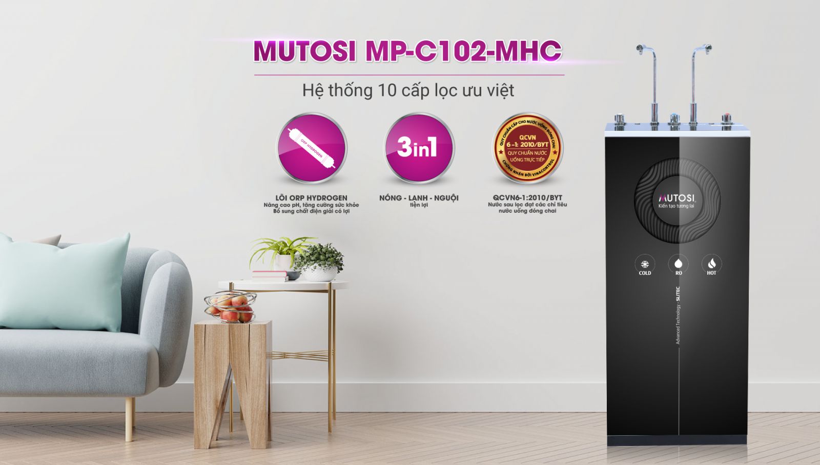 [SALE 50%] Máy lọc nước MUTOSI Nóng Lạnh Nguội 10 lõi MP-C102-MHC, Bảo hành chính hãng 3 năm phần điện-1 đổi 1 màng RO trong 12 tháng. Hàng chính hãng.