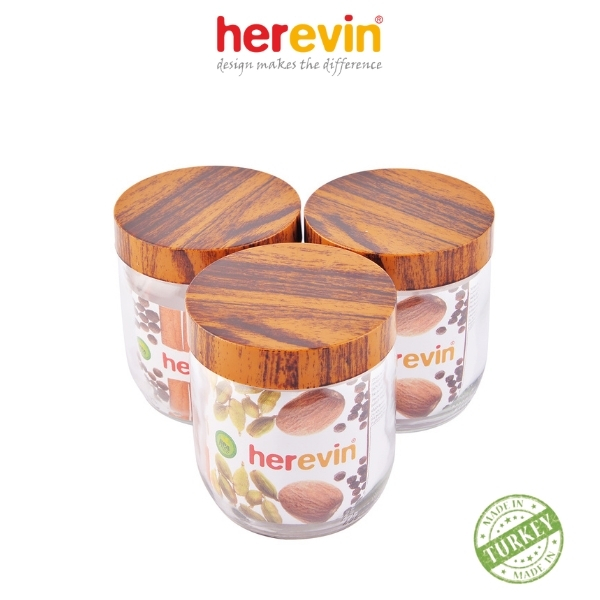 Bộ 3 Hũ Thủy Tinh Nắp Woody Herevin 425ml - HEHU231357-205