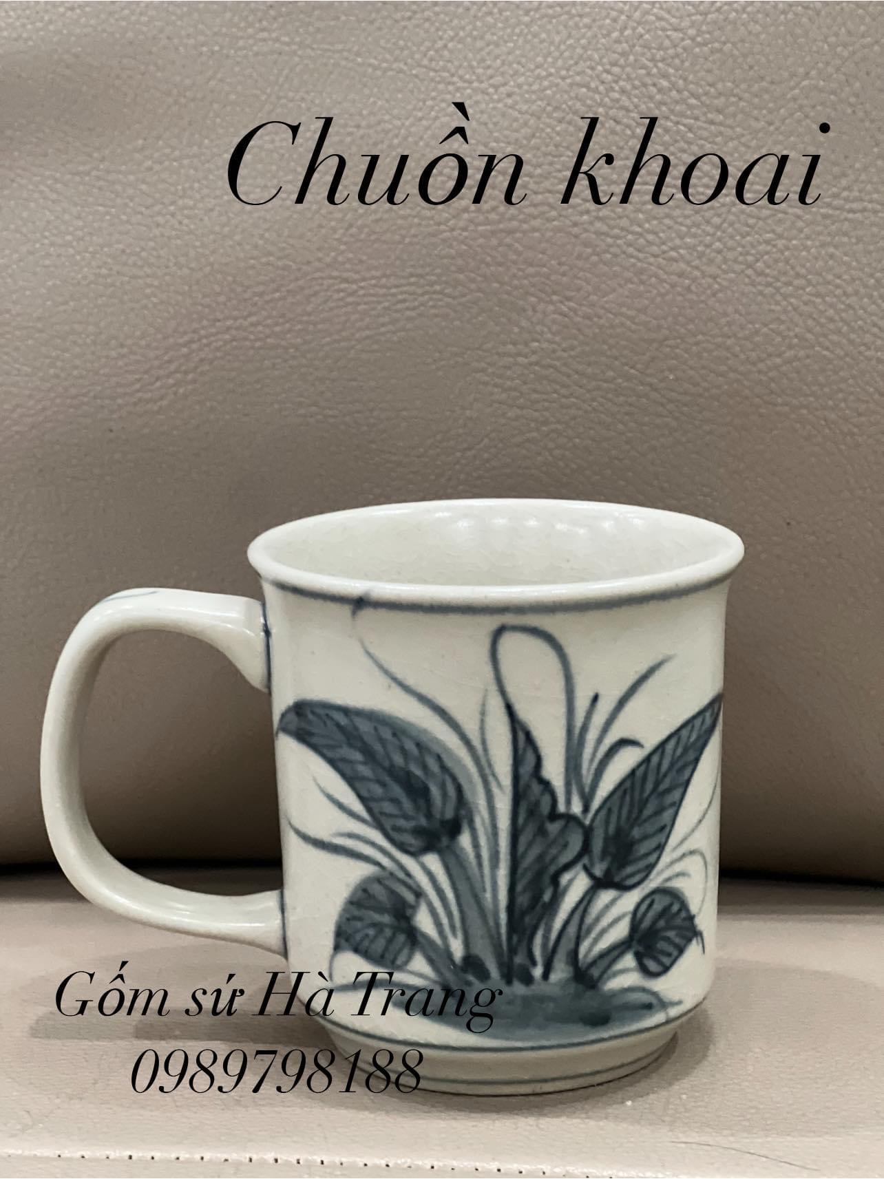 Cốc sứ Bát Tràng cao cấp men rạn vẽ tay xuất dư hoạ tiết chuồn khoai dung tích 250ml