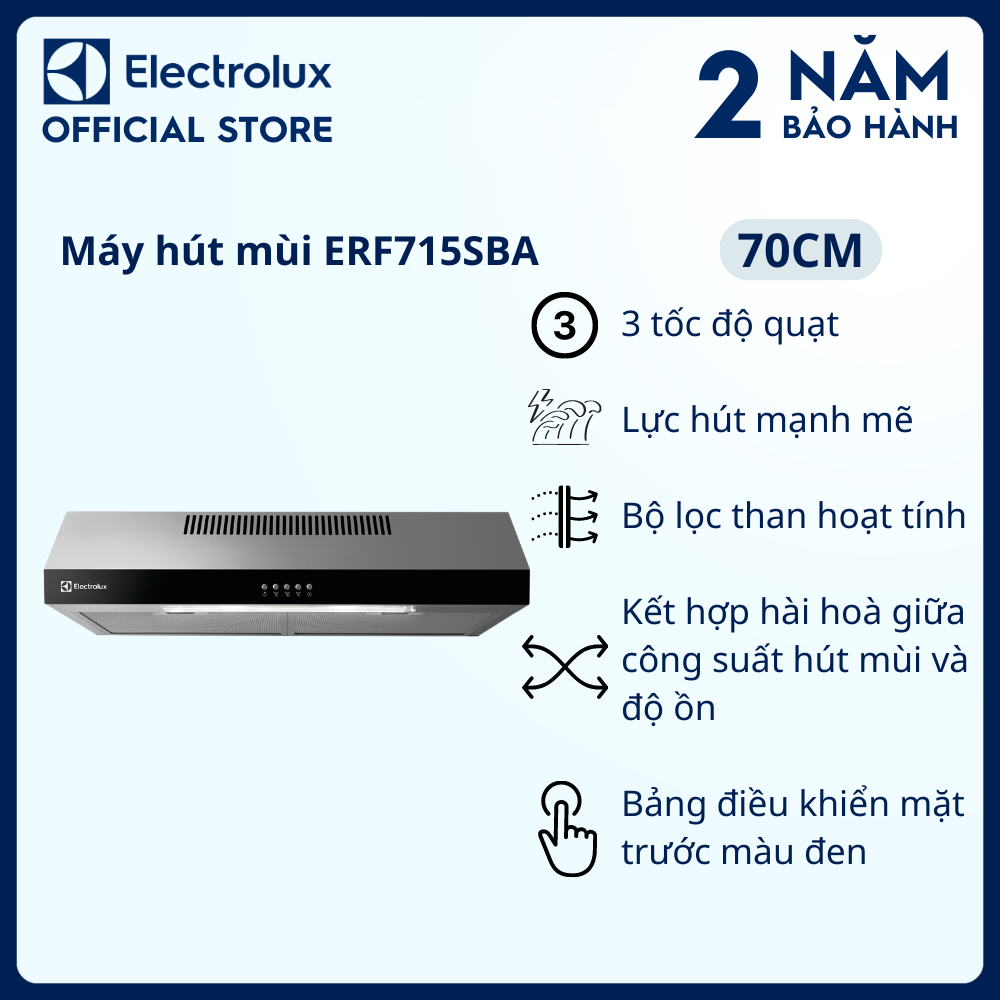 Máy hút mùi Electrolux dạng cổ điển 70cm ERF715SBA, Lực hút mạnh mẽ loại bỏ mùi hôi nhanh chóng, Dễ dàng vệ sinh [Hàng chính hãng]