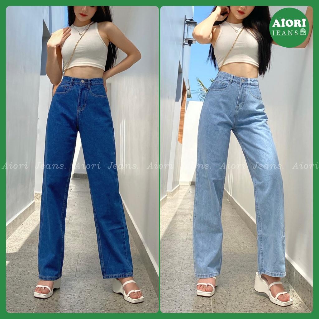 Quần Jeans Nữ, Quần Bò Nữ Aiori Ống Rộng Cạp Cao Trơn Kiểu Bò Suông Phong Cách Thời Trang Hàn Quốc Ulzzang_Mã A003