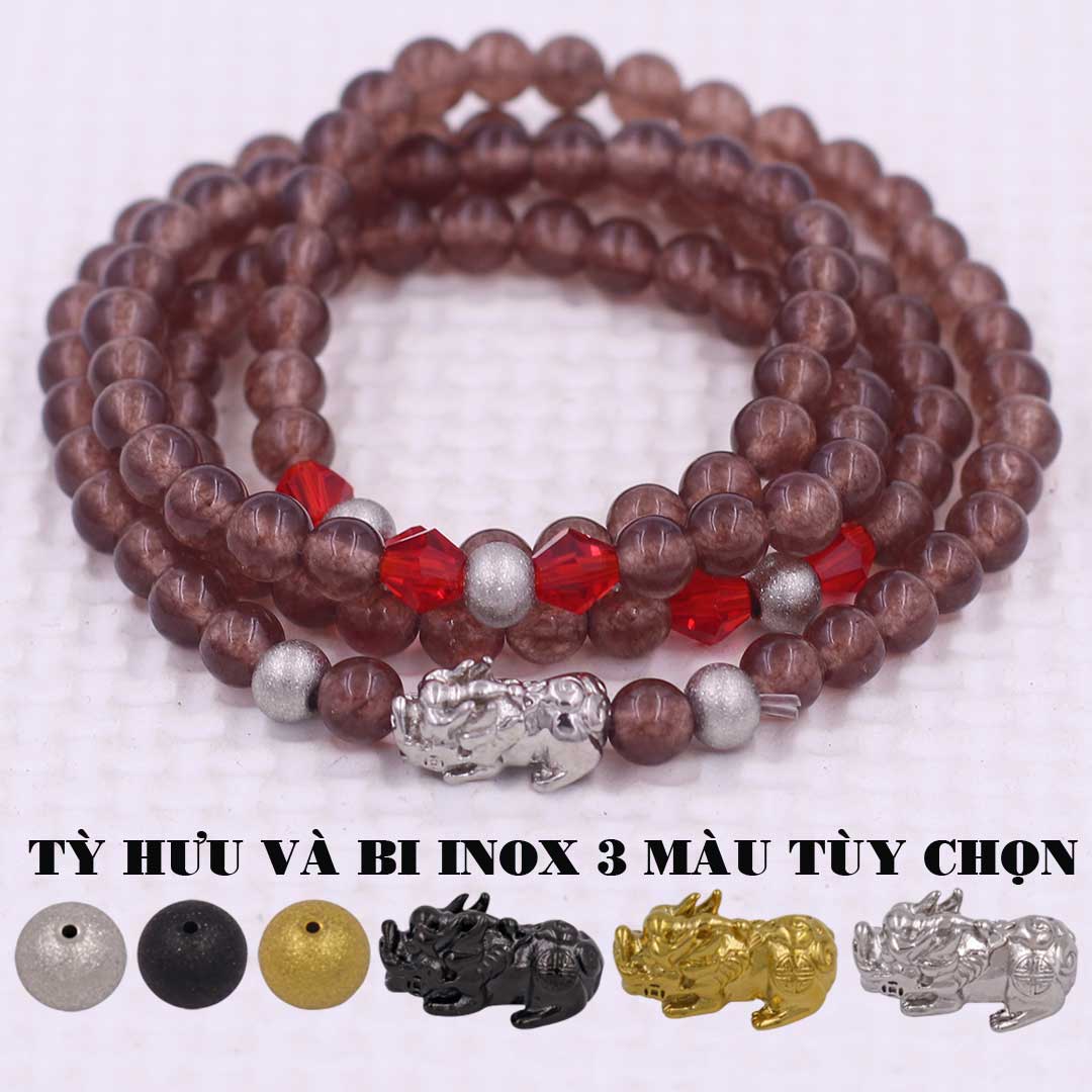 Vòng chuỗi 108 hạt đá Mã não Vân rạn nâu charm tỳ hưu inox - Chuỗi hạt 6 ly, 8 ly - Vòng chuỗi niệm Phật Bình an, may mắn