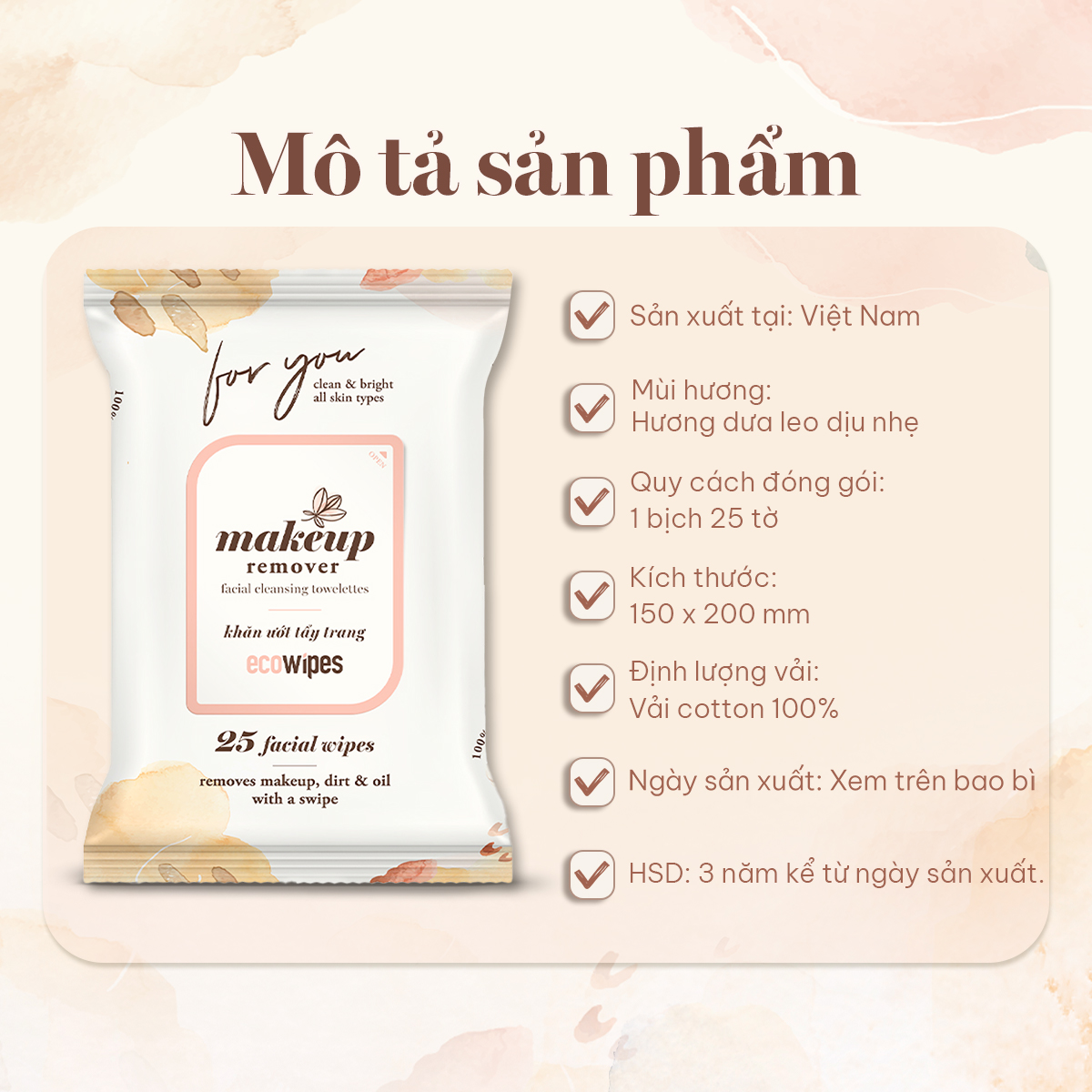 Khăn giấy ướt tẩy trang Makeup Remover Ecowipes gói 25 tờ làm sạch lớp trang điểm nhanh chóng