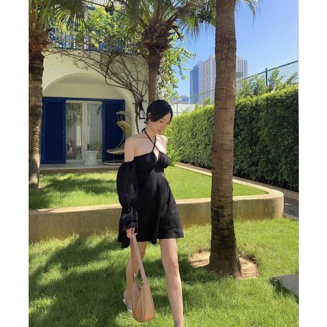 Đầm trễ vai bẹt vai trắng đen xanh