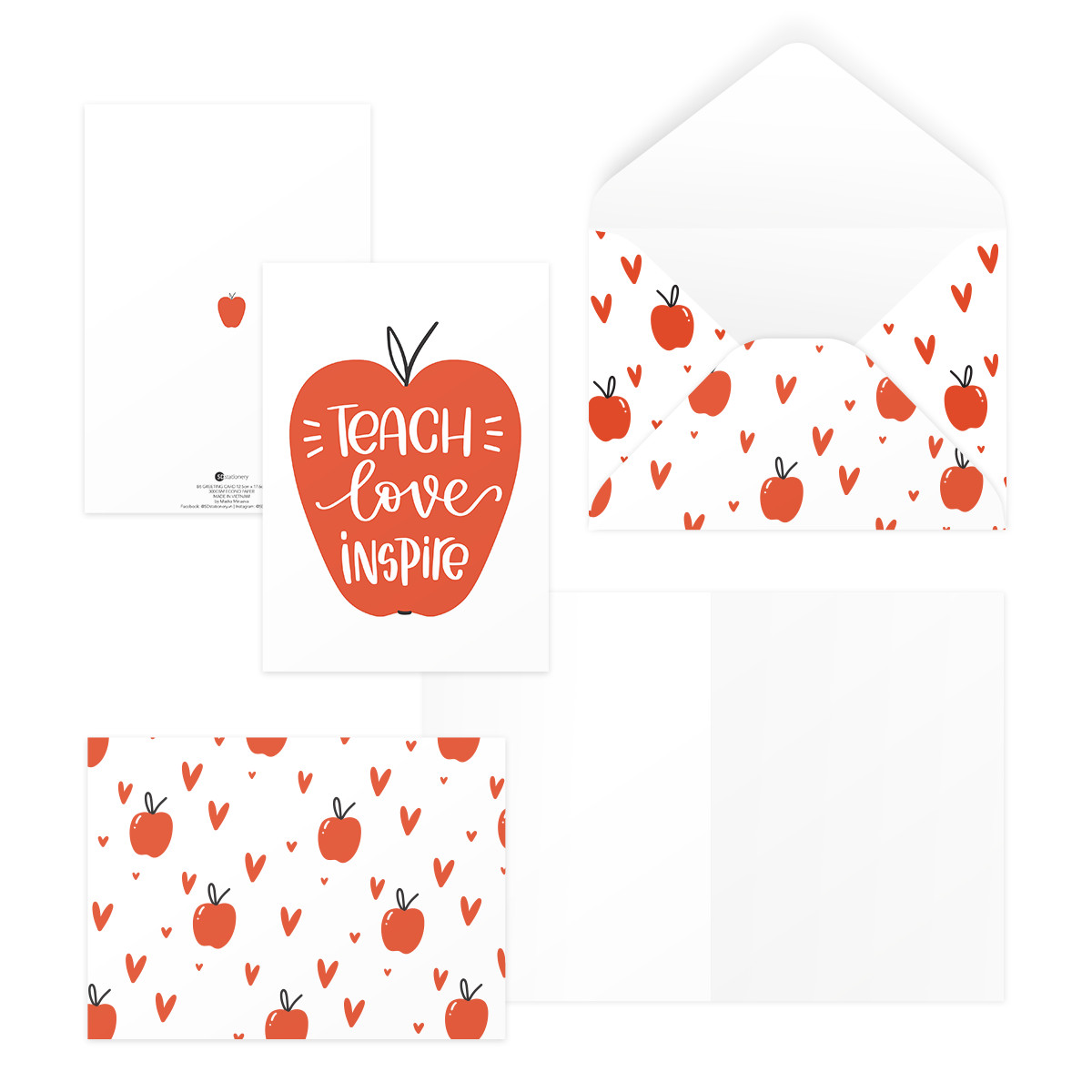 Thiệp 20/11 mừng thầy cô giáo viên ngày Nhà giáo VN TEACH LOVE INSPIRE 12,5x17,6 SDstationery APPLE quả táo typography