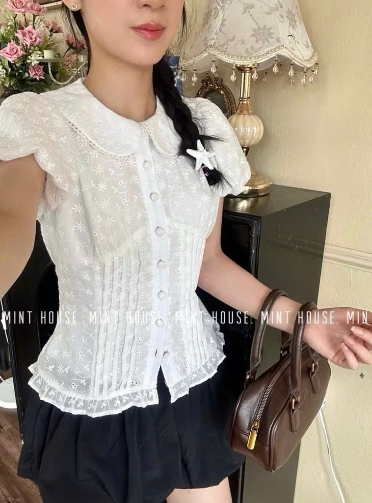Áo sơ mi ren hoa cổ sen cao cấp-Áo sơ mi kiểu