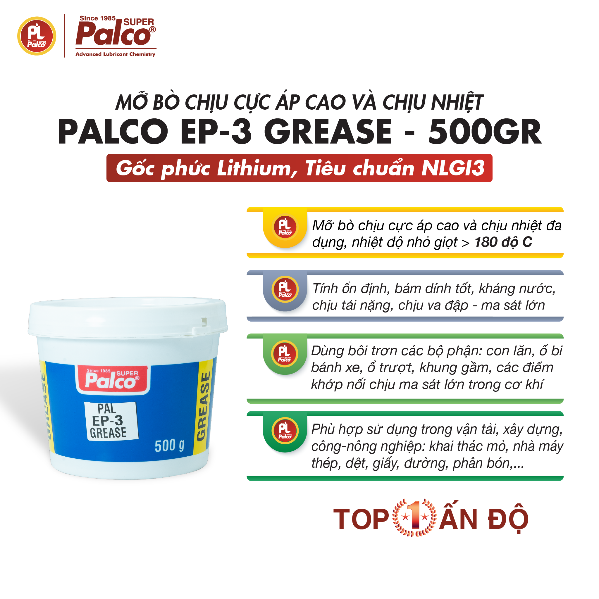 Mỡ bò chịu cực áp đa dụng PALCO EP-3 Gốc Lithium, NLGI-3, Màu vàng nâu - Hộp 500gr - Nhập khẩu Ấn Độ