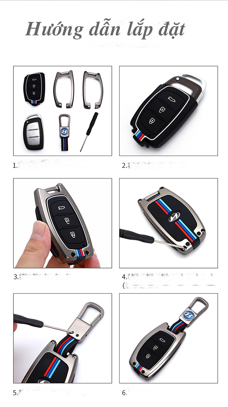 Ốp chìa khóa kim loại cao cấp dùng cho I10; Tucson; Elantra có nút bấm kèm móc treo có viền dạ quang video ảnh thật