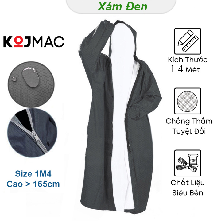 Áo Mưa Dây Khóa Kéo KOJMAC Họa Tiết Bông Hoa Caro Cho Nữ – Raincoat Fashion Hàng Chính Hãng Loại Chui Một Đầu Người Lớn Bít Kín Người Không Xẻ Tà Kiểu Mang To – Màu Xám – 1M4 Cao Trên 165cm