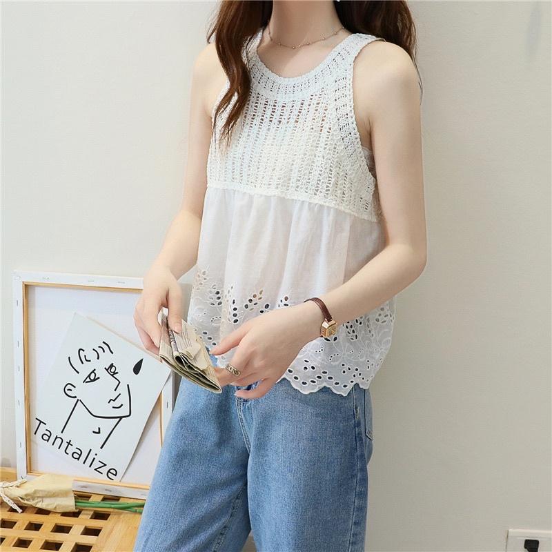 Áo kiểu nữ cổ yếm sợi móc mix vải thô boi viền hoa phong cách Hàn Quốc