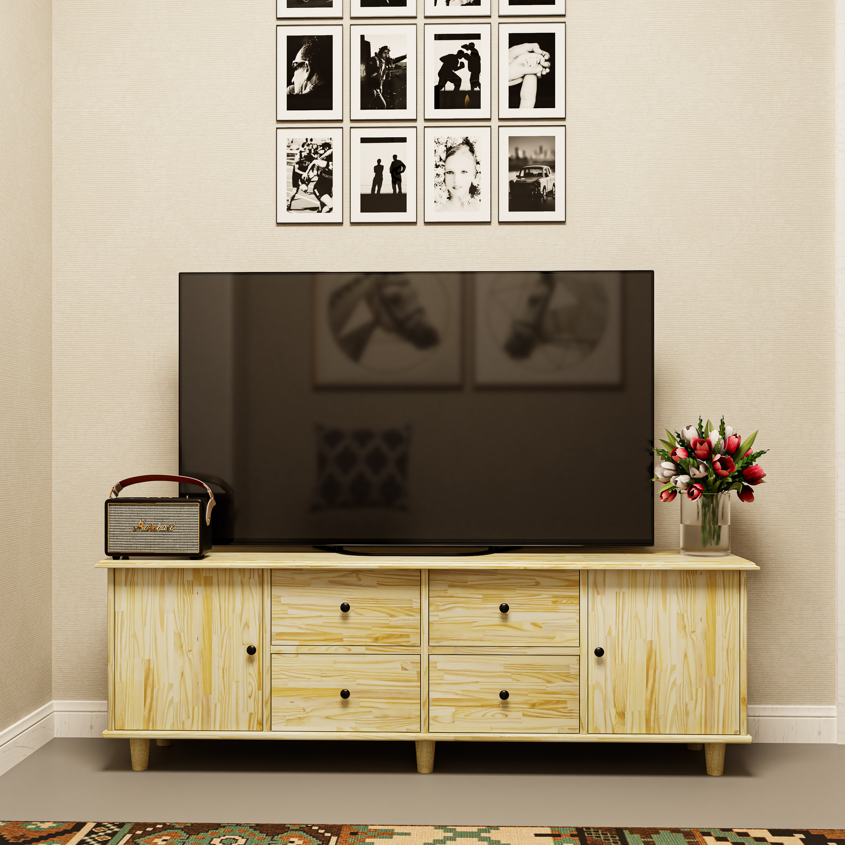 HAPPY FURNITURE , Gỗ tự nhiên , Kệ TV 2 cửa mở 4 ngăn kéo - FARAH , KTV_057 , 160x40x54cm