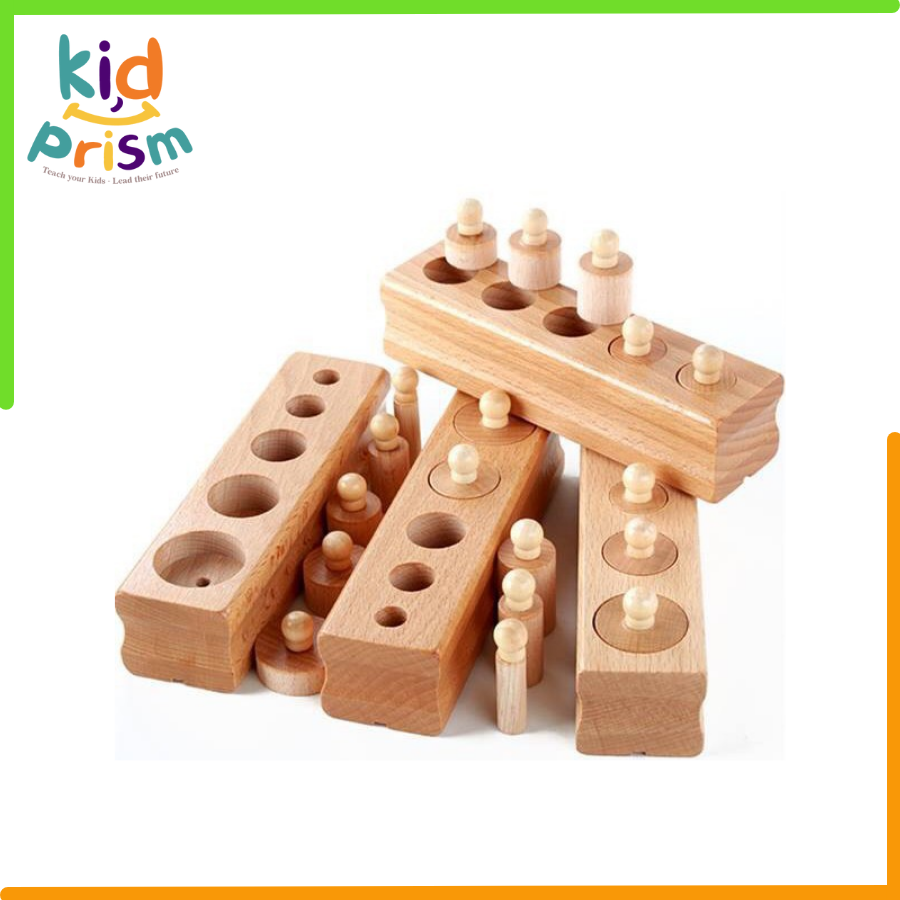 Giáo cụ Montessori - Khối trụ có núm bằng gỗ giúp trẻ phát triển cảm quan