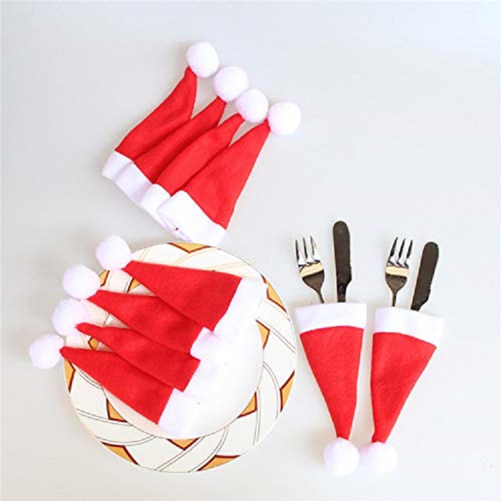 10Pcs Christmas Hat Christmas Presents Home Decoration Accessories Ornaments Pockets Tableware Holder Bag Cutlery Holder Silverware Holders