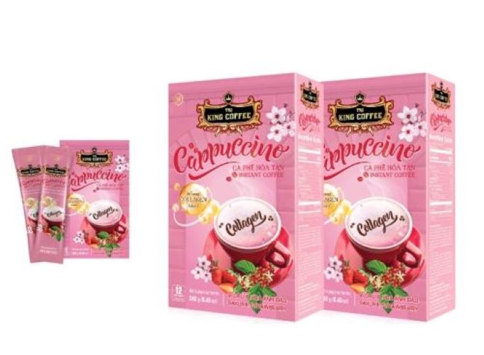 Cà Phê Hòa Tan Cappuccino Collagen Sakura Strawberry KING COFFEE-Hộp 12 gói x 20g - Hương Vị Dâu với Lớp bọt kem cực mịn