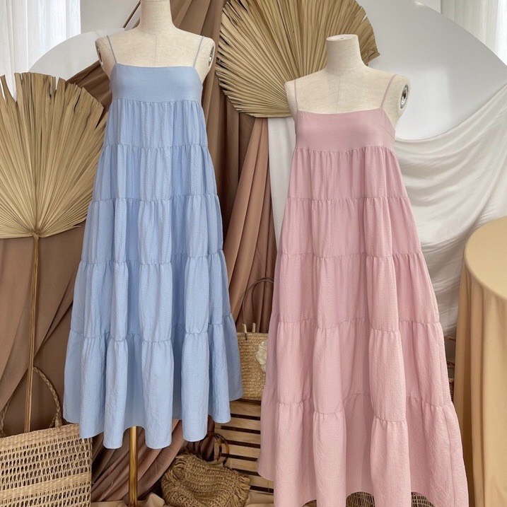 Maxi 2 dây nhún tầng form babydoll nhiều màu freesize