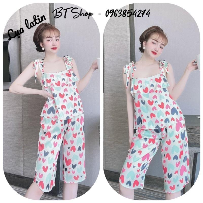 Đồ ngủ mặc nhà lụa latin cột nơ quần lững hoạ tiết freesize 42-57kg