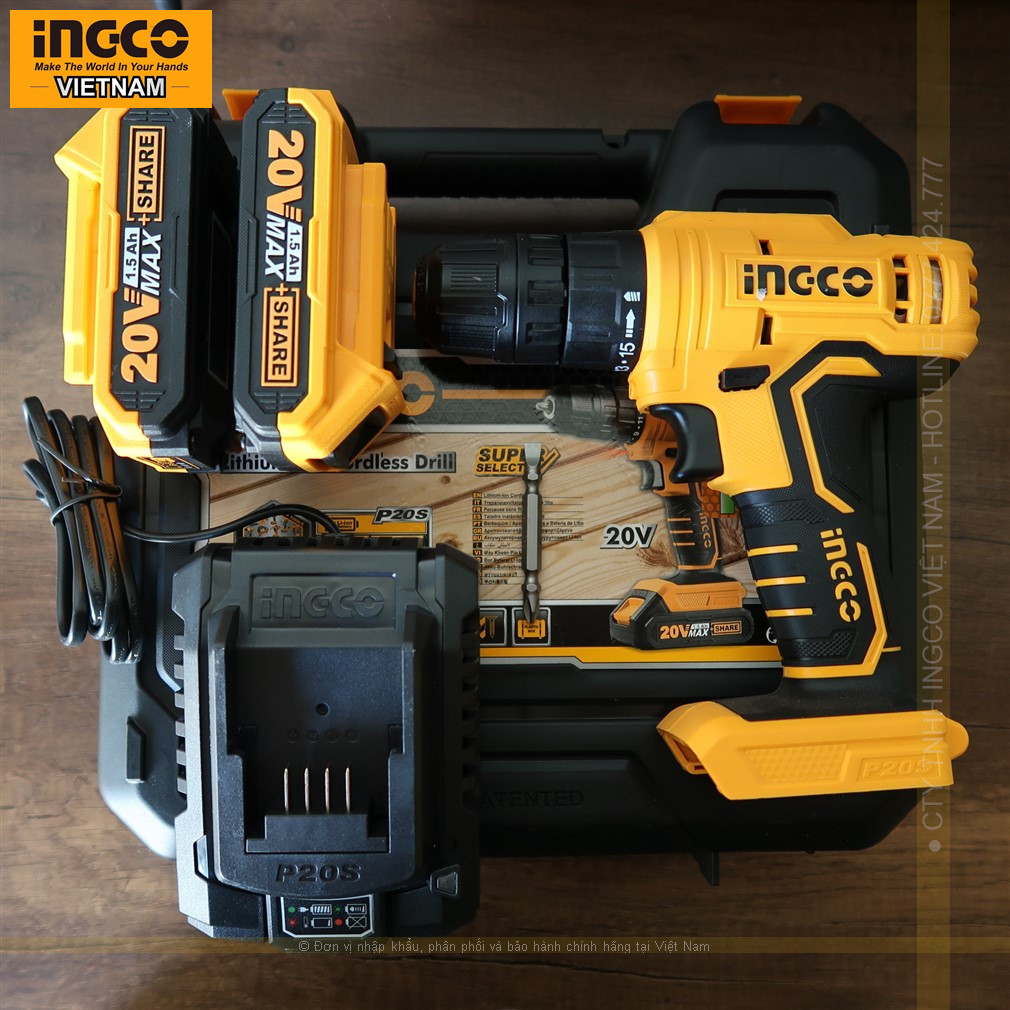 Máy khoan pin 20V INGCO CDLI20012 gồm 2 pin 20V 1.5Ah và sạc, đựng trong hộp nhựa.